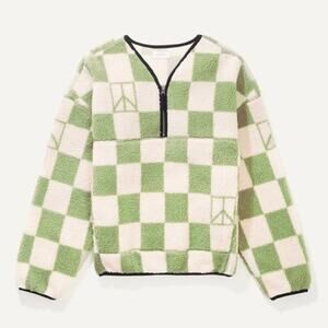 Saturdays NYC Astor Polar Fleece Half Zip Pullover Green Checker Sherpa Cozy EUC